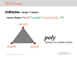prof. Gustavo Zimmermann | contato@swag.ag
HTML5 – Multimídia 1
Mapas de Imagens
Definições <map></map>
<area shape=“poly” coords=“x1,y1,x2,y2,...”/>
poly
(x1,y1)
(x3,y3) (x2,y2)
 