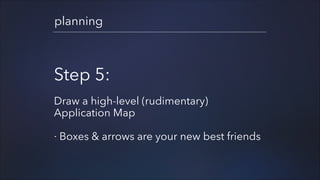 planning

Step 5:
!

Draw a high-level (rudimentary)
Application Map
!

· Boxes & arrows are your new best friends

 