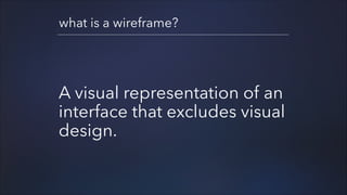 what is a wireframe?

A visual representation of an
interface that excludes visual
design.

 