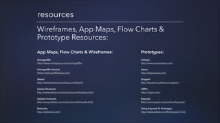 resources
Wireframes, App Maps, Flow Charts &
Prototype Resources:
App Maps, Flow Charts & Wireframes:
!

Prototypes:
!

!

!

Omnigraffle
http://www.omnigroup.com/omnigraffle/
Omnigraffle Stencils
https://www.graffletopia.com/

!

Sketch
http://www.bohemiancoding.com/sketch/

!

Adobe Illustrator
http://www.adobe.com/ca/products/illustrator.html

!

Adobe Fireworks
http://www.adobe.com/ca/products/fireworks.html

!

Balsamiq
http://balsamiq.com/

!

InVision
http://www.invisionapp.com/
Axure
http://www.axure.com/

!

Origami
http://facebook.github.io/origami/

!

UXPin
http://uxpin.com/

!

Keynote
http://www.apple.com/ca/mac/keynote/

!

Using Keynote To Prototype
http://www.lukew.com/ff/entry.asp?1155

 