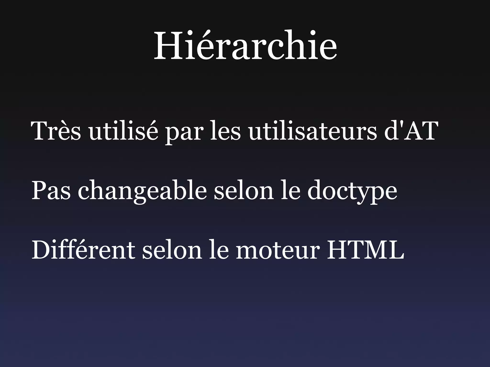 Nouveaux éléments Solution 2 : XML namespace <html  xmlns:html5 ="http://www.w3.org/1999/xhtml"> < html5:article  class="article" role="main"> <h1>...</h1> ... </ html5:article > 