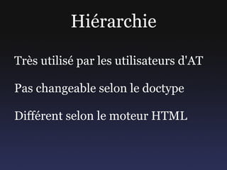Nouveaux éléments Solution 2 : XML namespace <html  xmlns:html5 ="http://www.w3.org/1999/xhtml"> < html5:article  class="article" role="main"> <h1>...</h1> ... </ html5:article > 