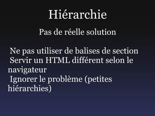 Nouveaux éléments Solution 2 : XML namespace ✓  Pas de dépendance JS ✗  Sémantique KO ✗  Code CSS et HTML modifié 