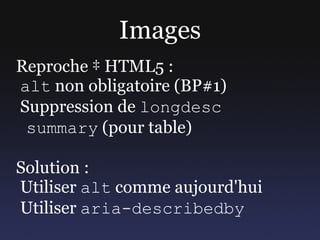 Hiérarchie HTML 4 : <body> <h1> titre page </h1> <div role=main class=article> <h2> titre article </h2> </div> HTML5 : <body> <h1> titre page </h1> <article role=main class=article> <h1> titre article </h1> </article> 