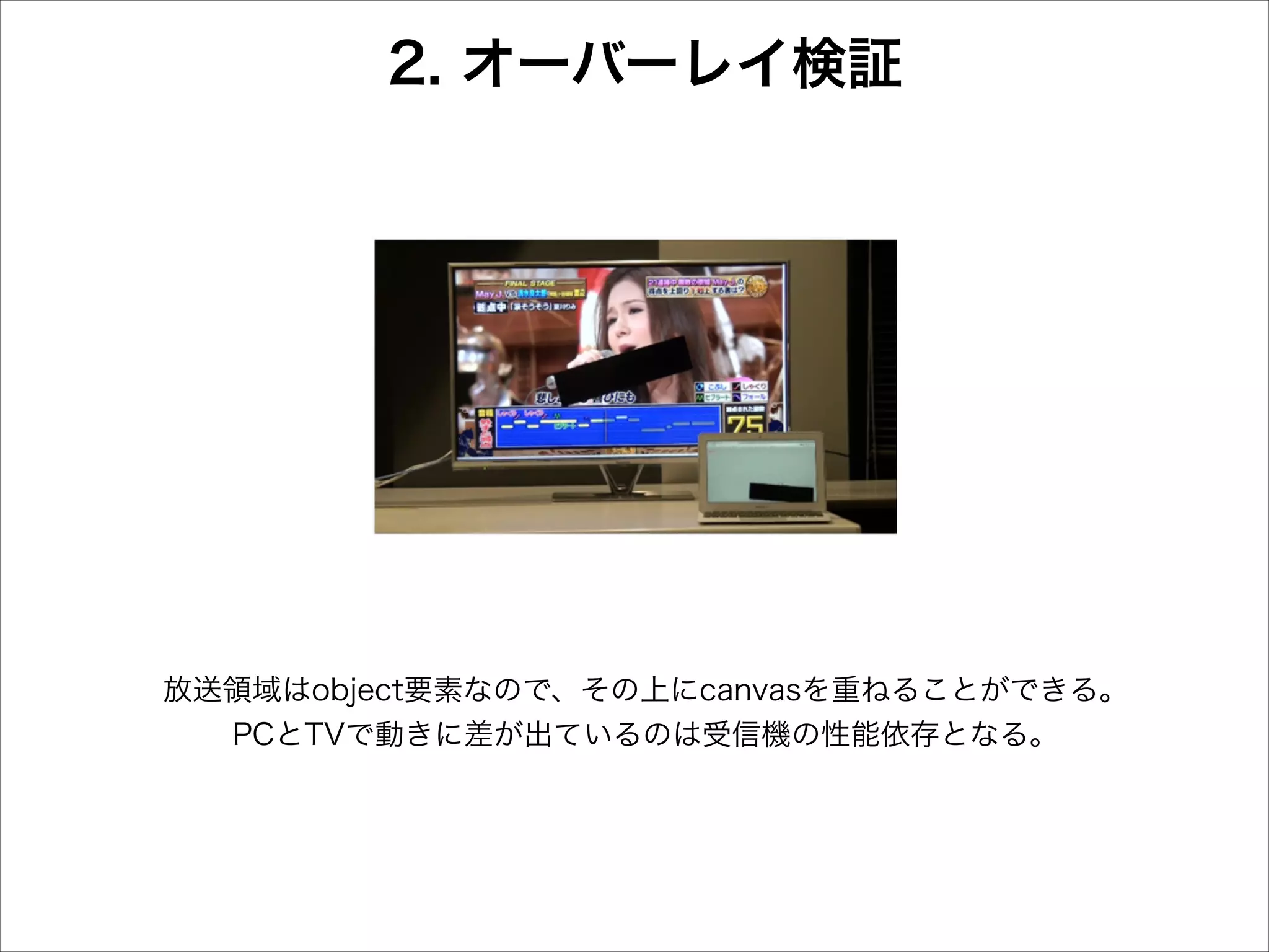 2. オーバーレイ検証

放送領域はobject要素なので、その上にcanvasを重ねることができる。
PCとTVで動きに差が出ているのは受信機の性能依存となる。

 