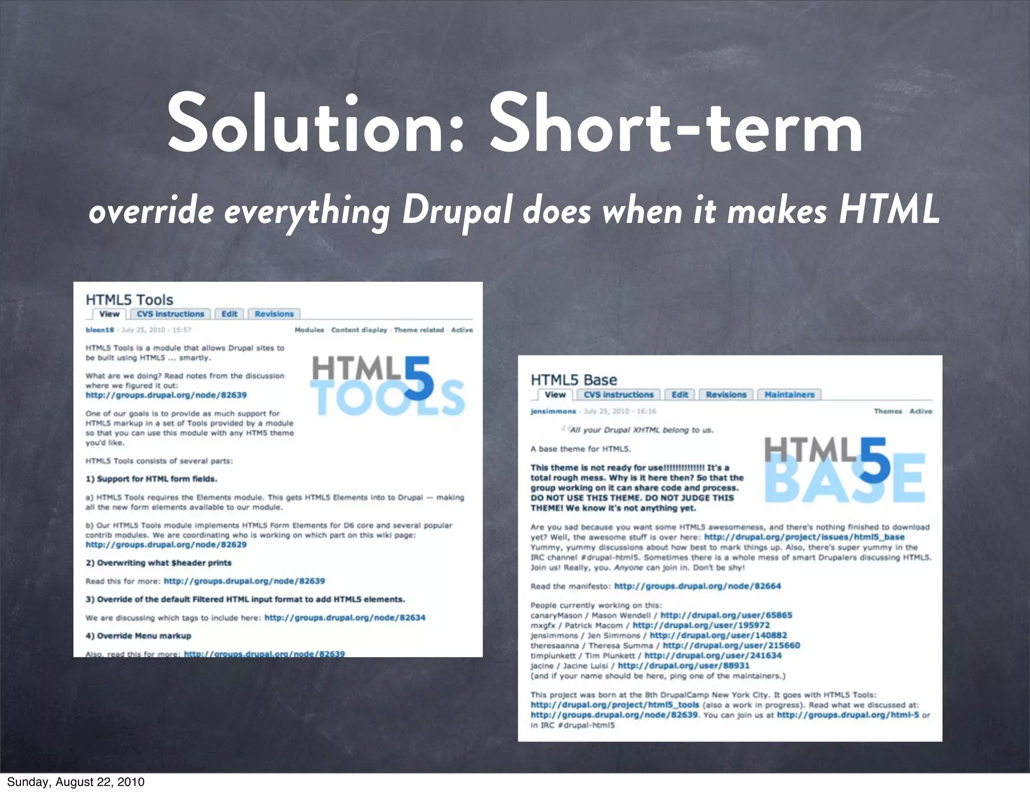 Solution: Short-term
             override everything Drupal does when it makes HTML




Sunday, August 22, 2010
 