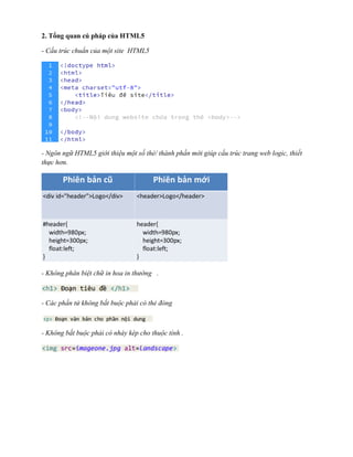 2. Tổng quan cú pháp của HTML5
- Cấu trúc chuẩn của một site HTML5
- Ngôn ngữ HTML5 giới thiệu một số thẻ/ thành phần mới giúp cấu trúc trang web logic, thiết
thực hơn.
- Không phân biệt chữ in hoa in thường .
- Các phần tử không bắt buộc phải có thẻ đóng
- Không bắt buộc phải có nháy kép cho thuộc tính .
 