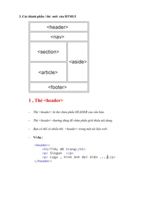 3. Các thành phần / thẻ mới của HTML5
1 , Thẻ <header>
- Thẻ <header> là thẻ chứa phần HEADER của văn bản.
- Thẻ <header> thường dùng để chứa phần giới thiệu nội dung.
- Bạn có thể có nhiều thẻ <header> trong một tài liệu web .
- Ví dụ :
 