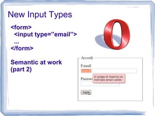 New Input Types
<form>
<input type=”email”>
...
</form>
Semantic at work
(part 2)
 