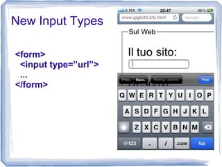 New Input Types
<form>
<input type=”url”>
...
</form>
 