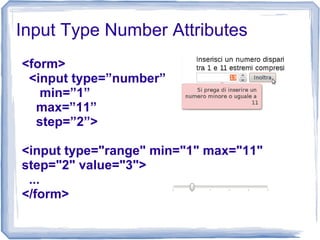 Input Type Number Attributes
<form>
<input type=”number”
min=”1”
max=”11”
step=”2”>
<input type="range" min="1" max="11"
step="2" value="3">
...
</form>
 