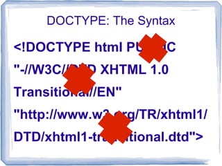 <!DOCTYPE html PUBLIC
"-//W3C//DTD XHTML 1.0
Transitional//EN"
"http://www.w3.org/TR/xhtml1/
DTD/xhtml1-transitional.dtd">
DOCTYPE: The Syntax
 