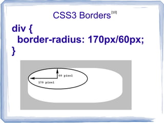 CSS3 Borders
div {
border-radius: 170px/60px;
}
[10]
 