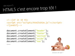 idée reçue n°1

●
    HTML5 c'est e ncore trop tôt !

        <!--[if lt IE 9]>
        <script src="scripts/html5shim.js"></script>
        <![endif]-->

        document.createElement("header");
        document.createElement("footer");
        document.createElement("section");
        document.createElement("aside");
        document.createElement("nav");
        ...


                                             Solution de repli ?
 