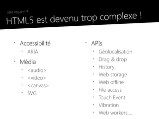 trop complexe !
 idée reçue n°4

●
  HTML5 est devenu

     •
         Accessibilité   •
                             APIs
          •
              ARIA           •
                                 Géolocalisation
                                 Drag & drop
         Média
                             •
     •
                             •
                                 History
          •
              <audio>
                             •
                                 Web storage
          •
              <video>
                             •
                                 Web offline
          •
              <canvas>
                             •
                                 File access
          •
              SVG
                             •
                                 Touch Event
                             •
                                 Vibration
                             •
                                 Web workers,...
 