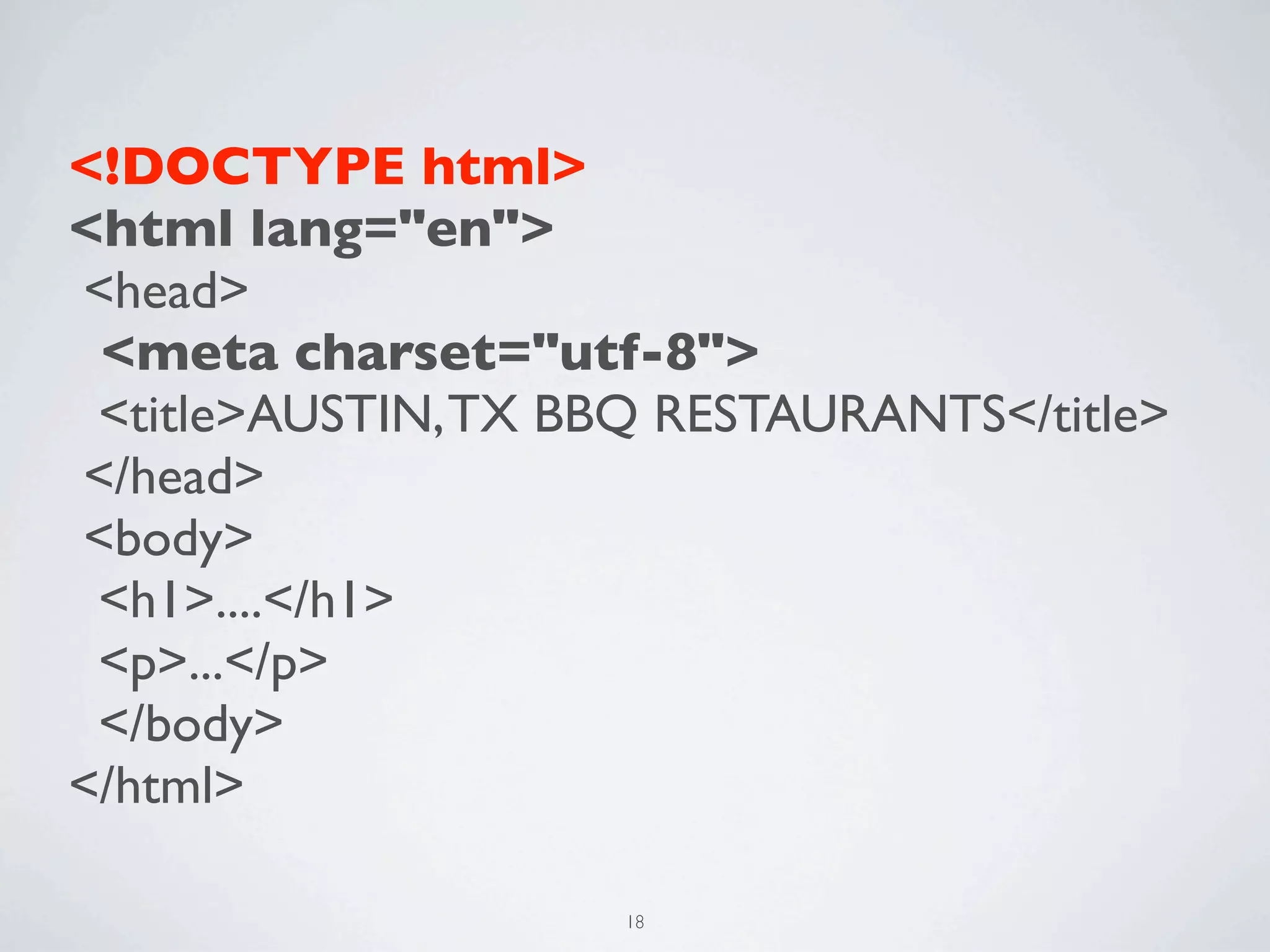 <!DOCTYPE html>
<html lang="en">
<head>
 <meta charset="utf-8">
 <title>AUSTIN, TX BBQ RESTAURANTS</title>
</head>
<body>
 <h1>....</h1>
 <p>...</p>
 </body>
</html>

                     18
 