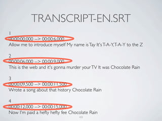 TRANSCRIPT-EN.SRT
1
00:00:00,000 --> 00:00:6,000
Allow me to introduce myself My name is Tay It's T-A-Y, T-A-Y to the Z

2
00:00:06,000 --> 00:00:9,000
This is the web and it's gonna murder your TV It was Chocolate Rain

3
00:00:09,500 --> 00:00:11,500
Wrote a song about that history Chocolate Rain

4
00:00:12,000 --> 00:00:15,000
Now I'm paid a hefty hefty fee Chocolate Rain
                                    103
 
