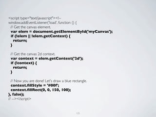 <script type="text/javascript"><!--
window.addEventListener('load', function () {
 // Get the canvas element.
 var elem = document.getElementById('myCanvas');
 if (!elem || !elem.getContext) {
   return;
 }

 // Get the canvas 2d context.
 var context = elem.getContext('2d');
 if (!context) {
   return;
 }

  // Now you are done! Let's draw a blue rectangle.
  context.ﬁllStyle = '#00f';
  context.ﬁllRect(0, 0, 150, 100);
}, false);
// --></script>


                                            125
 