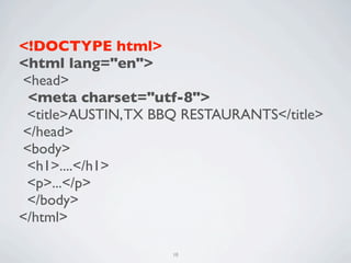 <!DOCTYPE html>
<html lang="en">
<head>
 <meta charset="utf-8">
 <title>AUSTIN, TX BBQ RESTAURANTS</title>
</head>
<body>
 <h1>....</h1>
 <p>...</p>
 </body>
</html>

                     18
 
