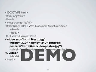 <!DOCTYPE html>
<html lang="en">
<head>
<meta charset="utf-8">
<title>Basic HTML5 Web Document Structure</title>
	

 </head>
	

 <body>
<h1>Video Example</h1>
<video src="html5test.ogg"
	

 width="320" height="240" controls
	

 poster="html5testvideoposter.jpg">



           DEMO
	

 <a href="html5testvideo.ogg">Download movie</a>
</video>
	

 </body>
</html>


                                 80
 
