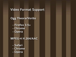 Video Format Support

Ogg Theora/Voribs

 - Firefox 3.5+
 - Chrome
 - Opera

MPEG-4 H.264/AAC

 - Safari
 - Chrome
 - Opera
 