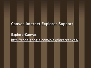 Canvas Internet Explorer Support

ExplorerCanvas
http://code.google.com/p/explorercanvas/
 
