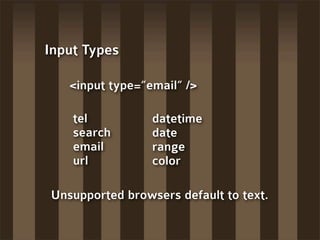 Input Types

   <input type=”email” />

    tel          datetime
    search       date
    email        range
    url    ...