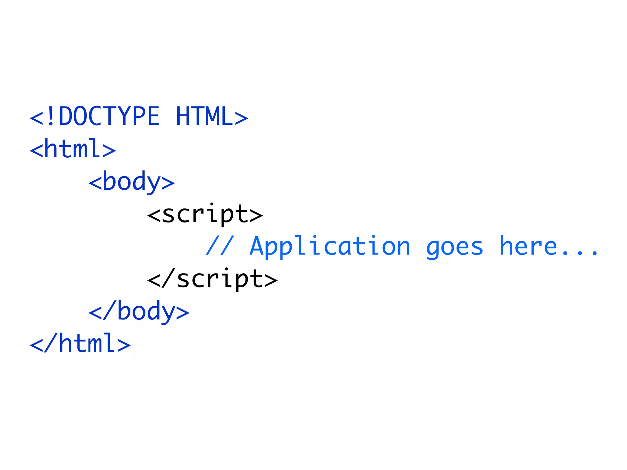 <!DOCTYPE HTML>
<html>
    <body>
        <script>
            // Application goes here...
        </script>
    </body>
</html>
 