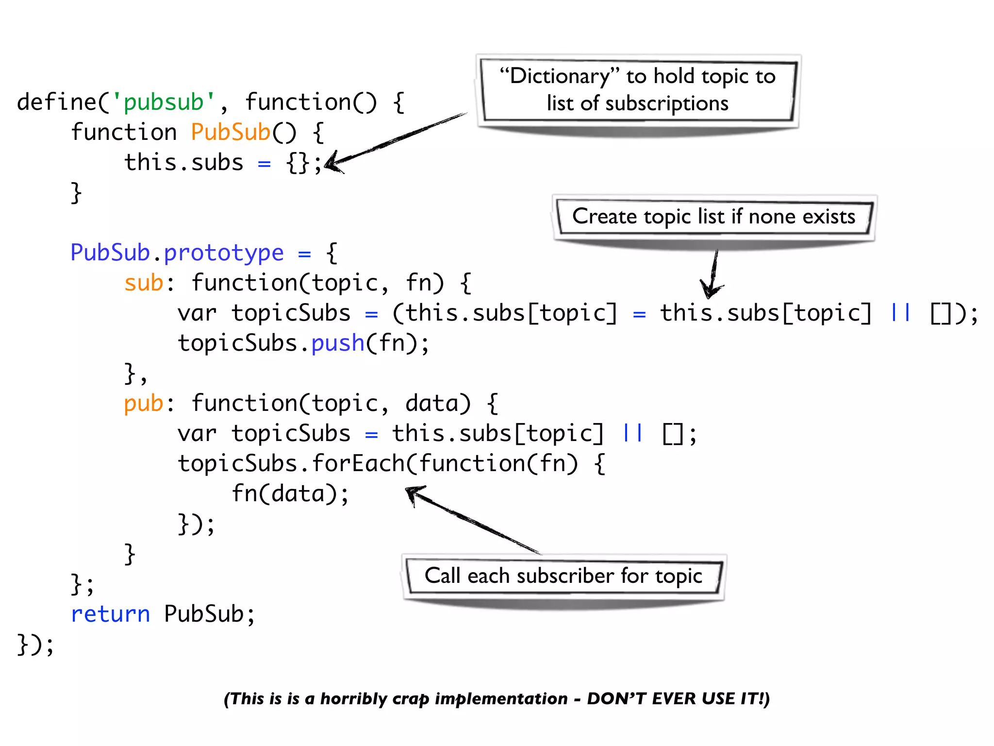 “Dictionary” to hold topic to
define('pubsub', function() {                         list of subscriptions
    function PubSub() {
        this.subs = {};
    }
                                                         Create topic list if none exists
      PubSub.prototype = {
          sub: function(topic, fn) {
              var topicSubs = (this.subs[topic] = this.subs[topic] || []);
              topicSubs.push(fn);
          },
          pub: function(topic, data) {
              var topicSubs = this.subs[topic] || [];
              topicSubs.forEach(function(fn) {
                  fn(data);
              });
          }
      };                        Call each subscriber for topic
      return PubSub;
});

                 (This is is a horribly crap implementation - DON’T EVER USE IT!)
 