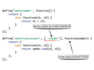 define('math/adder', function() {
    return {
        add: function(n1, n2) {
             return n1 + n2;
        }            Specify modules this module depends on
    }
});

define('math/calculator', ['./adder'], function(adder) {
    return {
        add: function(n1, n2) {
             return adder.add(n1, n2);
        }
    };                              Loader passes instances of them
});
 