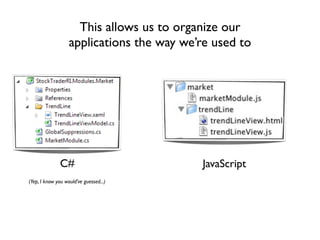 This allows us to organize our
                   applications the way we’re used to




               C#                          JavaScript
(Yep, I know you would’ve guessed...)
 