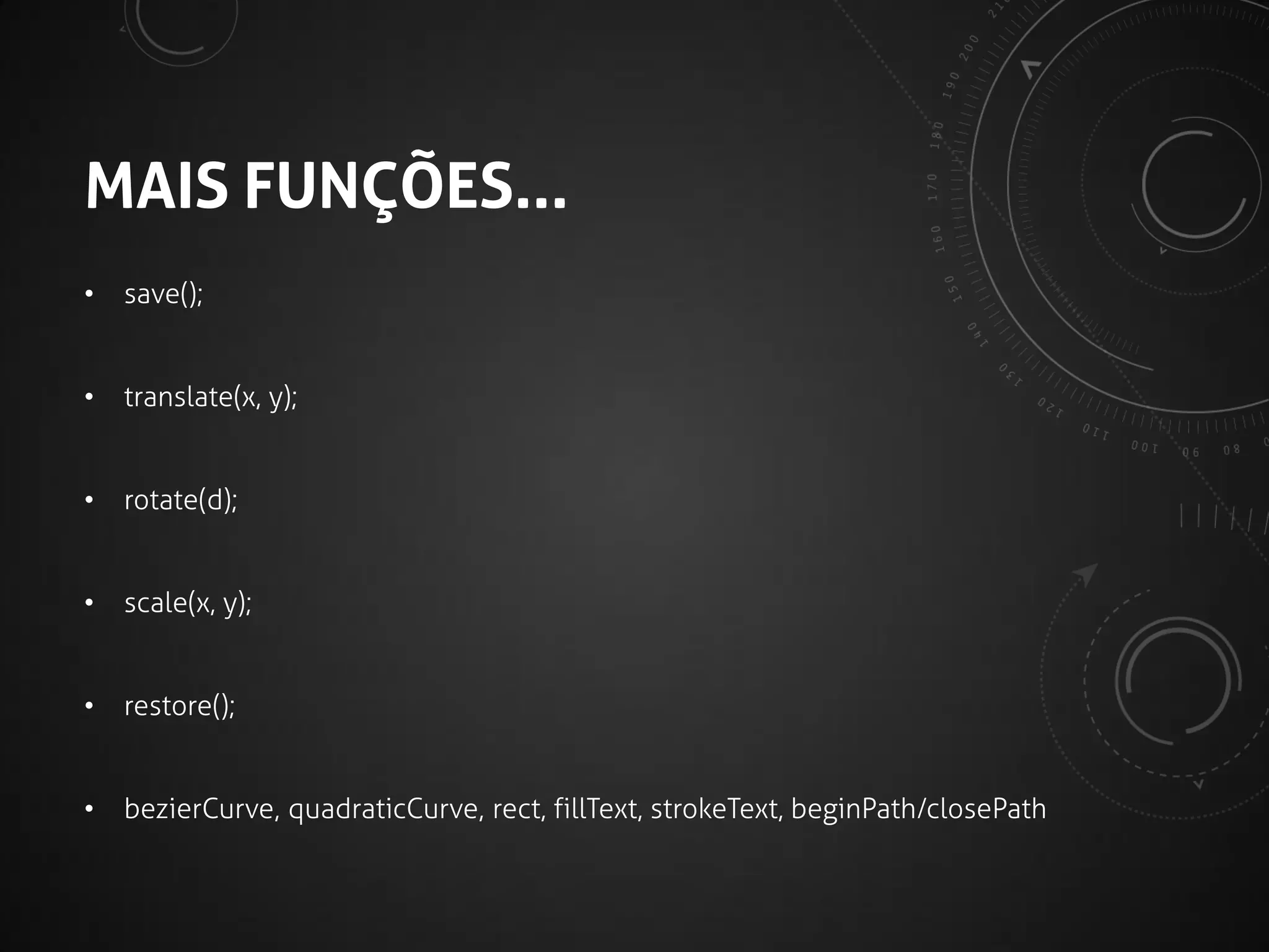 Tudo começa aqui...
<canvas id=“canvas" width="150" height="150">
Desculpe, seu navegador não suporta canvas.
</canvas>

<script type="text/javascript">
function gameloop() {
var canvas = document.getElementById(canvas');
if (canvas.getContext){
var ctx = canvas.getContext('2d');
}
}
</script>

 
