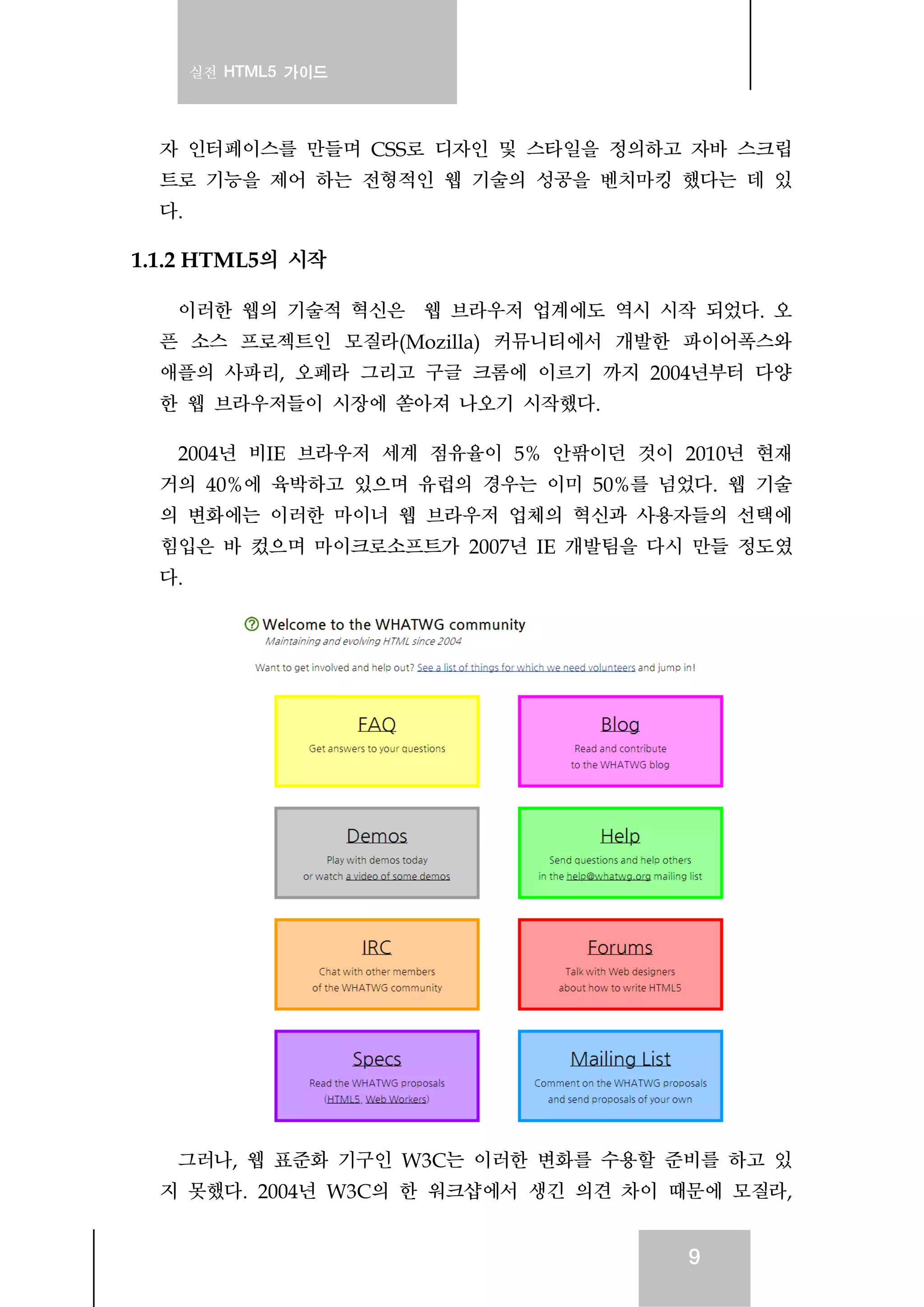 실전 HTML5 가이드
9
자 인터페이스를 만들며 CSS로 디자인 및 스타일을 정의하고 자바 스크립
트로 기능을 제어 하는 전형적인 웹 기술의 성공을 벤치마킹 했다는 데 있
다.
1.1.2 HTML5의 시작
이러한 웹의 기술적 혁신은 웹 브라우저 업계에도 역시 시작 되었다. 오
픈 소스 프로젝트인 모질라(Mozilla) 커뮤니티에서 개발한 파이어폭스와
애플의 사파리, 오페라 그리고 구글 크롬에 이르기 까지 2004년부터 다양
한 웹 브라우저들이 시장에 쏟아져 나오기 시작했다.
2004년 비IE 브라우저 세계 점유율이 5% 안팎이던 것이 2010년 현재
거의 40%에 육박하고 있으며 유럽의 경우는 이미 50%를 넘었다. 웹 기술
의 변화에는 이러한 마이너 웹 브라우저 업체의 혁신과 사용자들의 선택에
힘입은 바 컸으며 마이크로소프트가 2007년 IE 개발팀을 다시 만들 정도였
다.
그러나, 웹 표준화 기구인 W3C는 이러한 변화를 수용할 준비를 하고 있
지 못했다. 2004년 W3C의 한 워크샵에서 생긴 의견 차이 때문에 모질라,
 