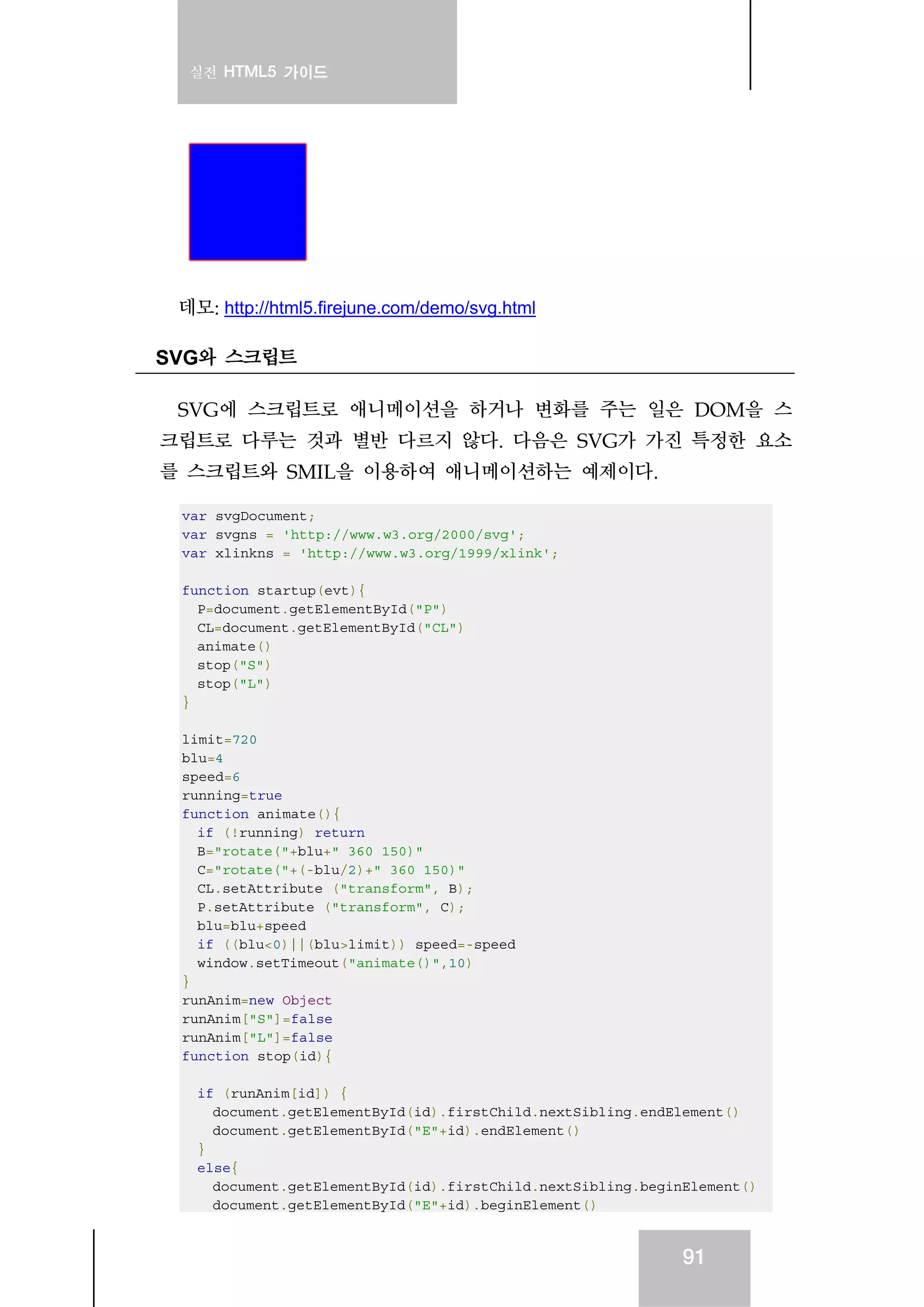 실전 HTML5 가이드
91
데모: http://html5.firejune.com/demo/svg.html
SVG와 스크립트
SVG에 스크립트로 애니메이션을 하거나 변화를 주는 일은 DOM을 스
크립트로 다루는 것과 별반 다르지 않다. 다음은 SVG가 가진 특정한 요소
를 스크립트와 SMIL을 이용하여 애니메이션하는 예제이다.
var svgDocument;
var svgns = 'http://www.w3.org/2000/svg';
var xlinkns = 'http://www.w3.org/1999/xlink';
function startup(evt){
P=document.getElementById("P")
CL=document.getElementById("CL")
animate()
stop("S")
stop("L")
}
limit=720
blu=4
speed=6
running=true
function animate(){
if (!running) return
B="rotate("+blu+" 360 150)"
C="rotate("+(-blu/2)+" 360 150)"
CL.setAttribute ("transform", B);
P.setAttribute ("transform", C);
blu=blu+speed
if ((blu<0)||(blu>limit)) speed=-speed
window.setTimeout("animate()",10)
}
runAnim=new Object
runAnim["S"]=false
runAnim["L"]=false
function stop(id){
if (runAnim[id]) {
document.getElementById(id).firstChild.nextSibling.endElement()
document.getElementById("E"+id).endElement()
}
else{
document.getElementById(id).firstChild.nextSibling.beginElement()
document.getElementById("E"+id).beginElement()
 