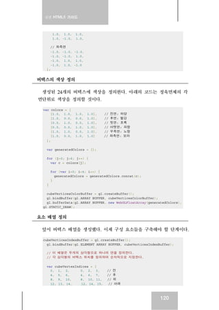 실전 HTML5 가이드
120
1.0, 1.0, 1.0,
1.0, -1.0, 1.0,
// 좌측면
-1.0, -1.0, -1.0,
-1.0, -1.0, 1.0,
-1.0, 1.0, 1.0,
-1.0, 1.0, -1.0
];
버텍스의 색상 정의
생성된 24개의 버텍스에 색상을 정의한다. 아래의 코드는 정육면체의 각
면단위로 색상을 정의할 것이다.
var colors = [
[1.0, 1.0, 1.0, 1.0], // 전면: 하양
[1.0, 0.0, 0.0, 1.0], // 후면: 빨강
[0.0, 1.0, 0.0, 1.0], // 윗면: 초록
[0.0, 0.0, 1.0, 1.0], // 아랫면: 파랑
[1.0, 1.0, 0.0, 1.0], // 우측면: 노랑
[1.0, 0.0, 1.0, 1.0] // 좌측면: 보라
];
var generatedColors = [];
for (j=0; j<6; j++) {
var c = colors[j];
for (var i=0; i<4; i++) {
generatedColors = generatedColors.concat(c);
}
}
cubeVerticesColorBuffer = gl.createBuffer();
gl.bindBuffer(gl.ARRAY_BUFFER, cubeVerticesColorBuffer);
gl.bufferData(gl.ARRAY_BUFFER, new WebGLFloatArray(generatedColors),
gl.STATIC_DRAW);
요소 배열 정의
앞서 버텍스 배열을 생성했다. 이제 구성 요소들을 구축해야 할 단계이다.
cubeVerticesIndexBuffer = gl.createBuffer();
gl.bindBuffer(gl.ELEMENT_ARRAY_BUFFER, cubeVerticesIndexBuffer);
// 이 배열은 두개의 삼각형으로 하나의 면을 정의한다.
// 각 삼각형의 버텍스 위치를 정의하여 순차적으로 지정한다.
var cubeVertexIndices = [
0, 1, 2, 0, 2, 3, // 전
4, 5, 6, 4, 6, 7, // 후
8, 9, 10, 8, 10, 11, // 위
12, 13, 14, 12, 14, 15, // 아래
 