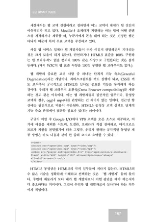 실전 HTML5 가이드
167
세간에서는 웹 코덱 전쟁이라고 칭하면서 어느 코덱이 대세가 될 것인지
이슈꺼리가 되고 있다. Mozilla나 오페라가 지향하는 바는 웹에 어떤 콘텐
츠를 저작하거나 제공할 때, 누군가에게 돈을 내야 하는 것은 진정한 웹은
아니기 때문에 특허 무료 코덱을 주장하고 있다.
사실 웹 서비스 업체나 웹 개발자들이 누가 이길지 관망하면서 기다리는
것은 크게 도움이 되지 않는다. 단언하거나 HTML5 표준을 100% 구현하
는 웹 브라우저도 없을 뿐더라 100% 같은 사양으로 구현한다는 것은 불가
능하다. (과거 W3C의 웹 표준 사양을 100% 구현한 웹 브라우저도 없다.)
웹 개발의 중요한 고려 사항 중 하나는 단계적 기능 축소(Graceful
Degradation)라는 개념이다. 자바스크립트를 꺼도 실행이 되고, CSS를 꺼
도 보여주어 궁극적으로 HTML만 남아도 중요한 기능은 동작하게 하는
것이다. 우리가 웹 브라우저 호환성(Cross Browser compatibility)를 제공
하는 것도 같은 이유이다. 이는 웹 개발자들의 필연적인 업무이다. 동영상
코덱의 경우, ogg나 mp4냐를 관망하는 건 의미가 없는 일이다. 접근성 향
상에는 필연적으로 비용이 수반된다. HTML5 동영상 코덱 선택도 단계적
기능 축소 관점에서 접근할 필요가 있다는 의미이다.
구글이 이번 주 Google I/O에사 VP8 코덱을 오픈 소스로 제공하고, 여
기에 애플을 제외한 어도비, 모질라, 오페라가 직접 참여하고, 마이크로소
프트가 지원을 천명했기에 더욱 그렇다. 우리가 원하는 궁극적인 동영상 제
공 방법은 바로 다음과 같이 한 줄의 코드로 요약할 수 있다.
<video>
<source src="openvideo.ogg" type="video/ogg"/>
<source src="openvideo.mp4" type="video/mp4"/>
<embed src="player.swf?openvideo.flv" type="application/x-shockwave-
flash" width="480" height="300" allowscriptaccess="always"
allowfullscreen="true"/>
</video>
HTML5 동영상은 HTML5의 극히 일부분에 지나지 않는다. HTML5의
수 많은 기술을 정확하게 이해하고 선택하는 것은 ‘웹 개발자’들의 몫이
다. 주변에 휘둘리기 보다 내가 웹 개발자로서 어떤 판단을 해야 하는지가
더 중요하다는 의미이다. 그것이 우리가 웹 개발자로서 살아가야 하는 의무
이자 책임이다.
 