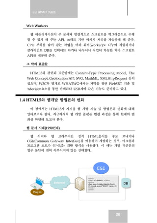 실전 HTML5 가이드
26
Web Workers
웹 애플리케이션이 주 문서와 병렬적으로 스크립트를 백그라운드로 수행
할 수 있게 해 주는 API. 쓰레드 기반 메시지 처리를 가능하게 해 준다.
CPU 부하를 많이 잡는 작업을 여러 워커(worker)로 나누어 작업하거나
클라이언트 DB를 업데이트 하거나 나누어서 작업이 가능한 자바 스크립트
API를 제공해 준다.
그 밖의 표준들
HTML5와 관련되 표준안에는 Content-Type Processing Model, The
Web Concept, Geolocation API, SVG, MathML, XMLHttpRequest 등이
있으며, W3C와 별개로 WHATWG에서는 자막을 위한 WebSRT 기술 및
<device>요소를 통한 카메라나 USB제어 같은 기능도 준비하고 있다.
1.4 HTML5와 웹개발 방법론의 변화
이 장에서는 HTML5가 가져올 웹 개발 기술 및 방법론의 변화에 대해
알아보고자 한다. 지금까지의 웹 개발 플랫폼 변천 과정을 통해 현재의 변
화를 확인해 보고자 한다.
웹 문서 시대(1990년대)
웹 서버와 웹 브라우저간 정적 HTML문서를 주로 보내거나
CGI(Common Gateway Interface)를 이용하여 개발하는 경우, 마크업과
프로그램 코드가 섞여있는 개발 방식을 사용했다. 이 때는 개발 직군간의
업무 분담이 전혀 이루어지지 않는 상태였다.
 