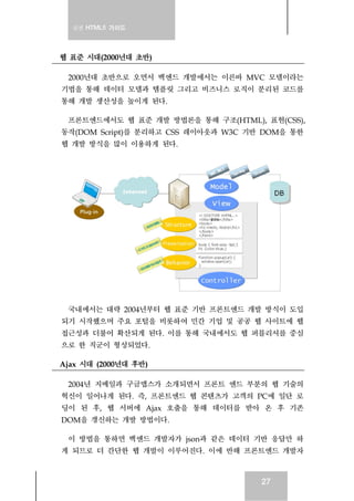 실전 HTML5 가이드
27
웹 표준 시대(2000년대 초반)
2000년대 초반으로 오면서 백엔드 개발에서는 이른바 MVC 모델이라는
기법을 통해 데이터 모델과 템플릿 그리고 비즈니스 로직이 분리된 코드를
통해 개발 생산성을 높이게 된다.
프론트엔드에서도 웹 표준 개발 방법론을 통해 구조(HTML), 표현(CSS),
동작(DOM Script)를 분리하고 CSS 레이아웃과 W3C 기반 DOM을 통한
웹 개발 방식을 많이 이용하게 된다.
국내에서는 대략 2004년부터 웹 표준 기반 프론트엔드 개발 방식이 도입
되기 시작했으며 주요 포털을 비롯하여 민간 기업 및 공공 웹 사이트에 웹
접근성과 더불어 확산되게 된다. 이를 통해 국내에서도 웹 퍼블리셔를 중심
으로 한 직군이 형성되었다.
Ajax 시대 (2000년대 후반)
2004년 지메일과 구글맵스가 소개되면서 프론트 엔드 부분의 웹 기술의
혁신이 일어나게 된다. 즉, 프론트엔드 웹 콘텐츠가 고객의 PC에 일단 로
딩이 된 후, 웹 서버에 Ajax 호출을 통해 데이터를 받아 온 후 기존
DOM을 갱신하는 개발 방법이다.
이 방법을 통하면 백엔드 개발자가 json과 같은 데이터 기반 응답만 하
게 되므로 더 간단한 웹 개발이 이루어진다. 이에 반해 프론트엔드 개발자
 