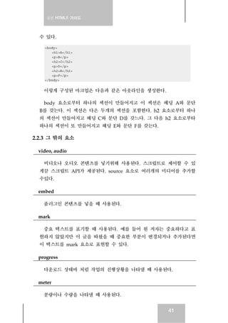 실전 HTML5 가이드
41
수 있다.
<body>
<h1>A</h1>
<p>B</p>
<h2>C</h2>
<p>D</p>
<h2>E</h2>
<p>F</p>
</body>
이렇게 구성된 마크업은 다음과 같은 아웃라인을 생성한다.
body 요소로부터 하나의 섹션이 만들어지고 이 섹션은 헤딩 A와 문단
B를 갖는다. 이 섹션은 다은 두개의 섹션을 포함한다. h2 요소로부터 하나
의 섹션이 만들어지고 헤딩 C와 문단 D를 갖느다. 그 다음 h2 요소로부타
하나의 섹션이 또 만들어지고 헤딩 E와 문단 F를 갖는다.
2.2.3 그 밖의 요소
video, audio
비디오나 오디오 콘텐츠를 넣기위해 사용된다. 스크립트로 제어할 수 있
게끔 스크립트 API가 제공된다. source 요소로 여러개의 미디어를 추가할
수있다.
embed
플러그인 콘텐츠를 넣을 때 사용된다.
mark
중요 텍스트를 표기할 때 사용된다. 예를 들어 원 저자는 중요하다고 표
현하지 않았지만 이 글을 따왔을 때 중요한 부분이 변경되거나 추가된다면
이 텍스트를 mark 요소로 표현할 수 있다.
progress
다운로드 상태바 처럼 작업의 진행상황을 나타낼 때 사용된다.
meter
분량이나 수량을 나타낼 때 사용된다.
 
