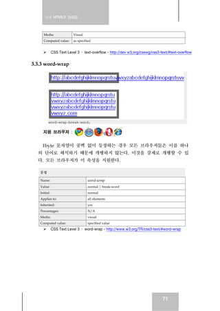 실전 HTML5 가이드
71
Media: Visual
Computed value: as specified
CSS Text Level 3 › text-overflow - http://dev.w3.org/csswg/css3-text/#text-overflow
3.3.3 word-wrap
word-wrap:break-word;
지원 브라우저 :
1byte 문자열이 공백 없이 등장하는 경우 모든 브라우저들은 이를 하나
의 단어로 해석하기 때문에 개행하지 않는다. 이것을 강제로 개행할 수 있
다. 모든 브라우저가 이 속성을 지원한다.
문법
Name: word-wrap
Value: normal | break-word
Initial: normal
Applies to: all elements
Inherited: yes
Percentages: N/A
Media: visual
Computed value: specified value
CSS Text Level 3 › word-wrap - http://www.w3.org/TR/css3-text/#word-wrap
 