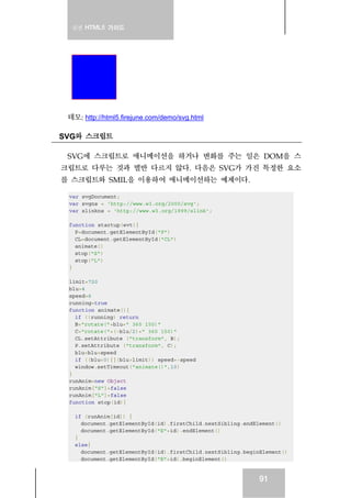 실전 HTML5 가이드
91
데모: http://html5.firejune.com/demo/svg.html
SVG와 스크립트
SVG에 스크립트로 애니메이션을 하거나 변화를 주는 일은 DOM을 스
크립트로 다루는 것과 별반 다르지 않다. 다음은 SVG가 가진 특정한 요소
를 스크립트와 SMIL을 이용하여 애니메이션하는 예제이다.
var svgDocument;
var svgns = 'http://www.w3.org/2000/svg';
var xlinkns = 'http://www.w3.org/1999/xlink';
function startup(evt){
P=document.getElementById("P")
CL=document.getElementById("CL")
animate()
stop("S")
stop("L")
}
limit=720
blu=4
speed=6
running=true
function animate(){
if (!running) return
B="rotate("+blu+" 360 150)"
C="rotate("+(-blu/2)+" 360 150)"
CL.setAttribute ("transform", B);
P.setAttribute ("transform", C);
blu=blu+speed
if ((blu<0)||(blu>limit)) speed=-speed
window.setTimeout("animate()",10)
}
runAnim=new Object
runAnim["S"]=false
runAnim["L"]=false
function stop(id){
if (runAnim[id]) {
document.getElementById(id).firstChild.nextSibling.endElement()
document.getElementById("E"+id).endElement()
}
else{
document.getElementById(id).firstChild.nextSibling.beginElement()
document.getElementById("E"+id).beginElement()
 