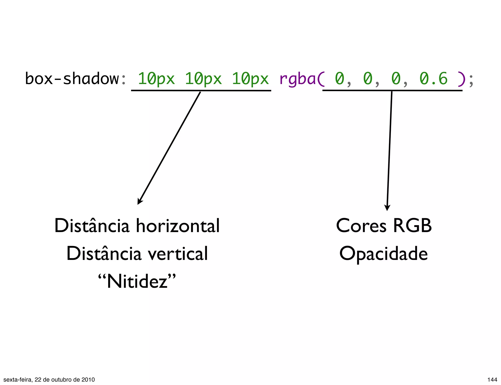 box-shadow: 10px 10px 10px rgba( 0, 0, 0, 0.6 ); Distância horizontal Distância vertical “Nitidez” Cores RGB Opacidade 144sexta-feira, 22 de outubro de 2010 