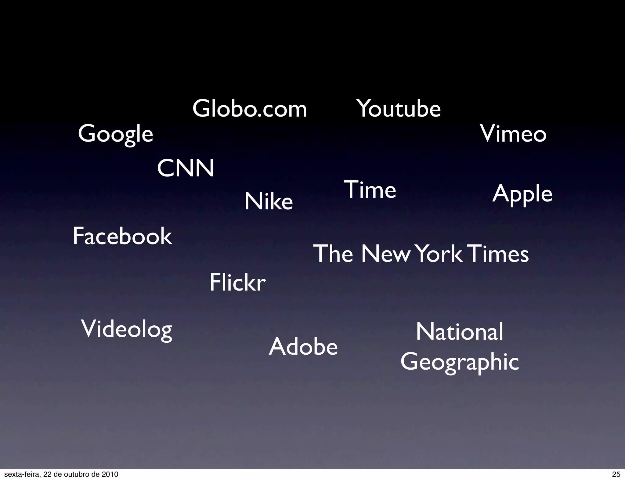 CNN Flickr The NewYork Times Time Vimeo Apple Google Youtube Nike Globo.com Facebook Adobe National Geographic Videolog 25sexta-feira, 22 de outubro de 2010 