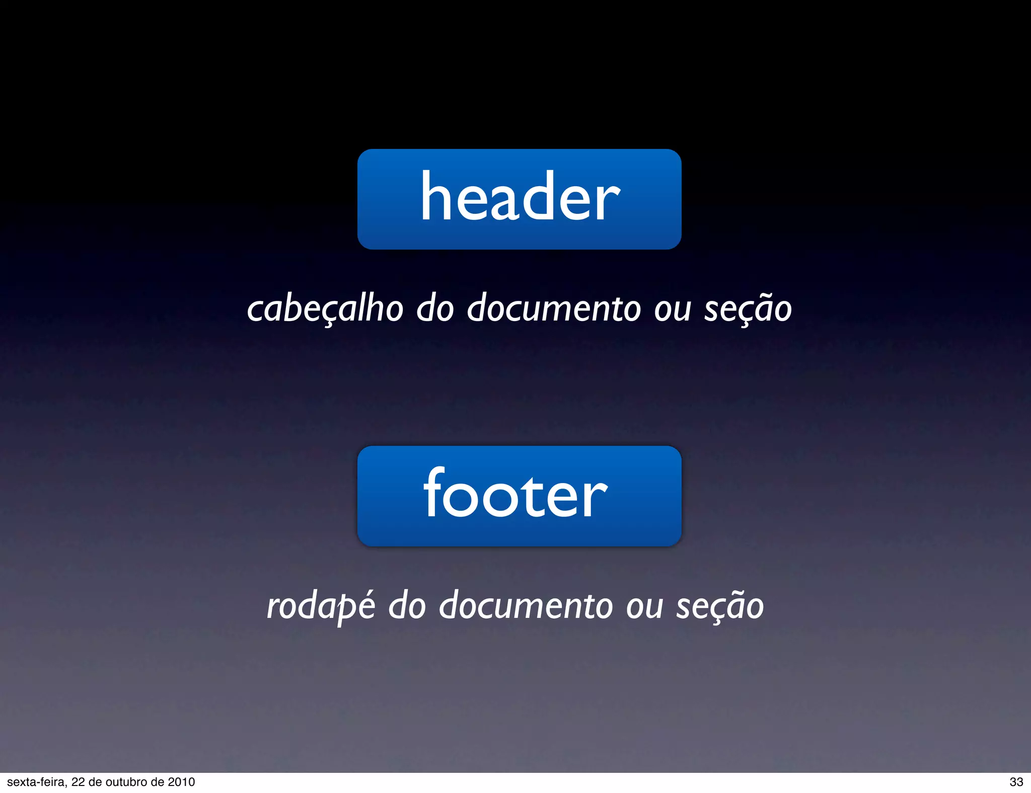 header cabeçalho do documento ou seção footer rodapé do documento ou seção 33sexta-feira, 22 de outubro de 2010 