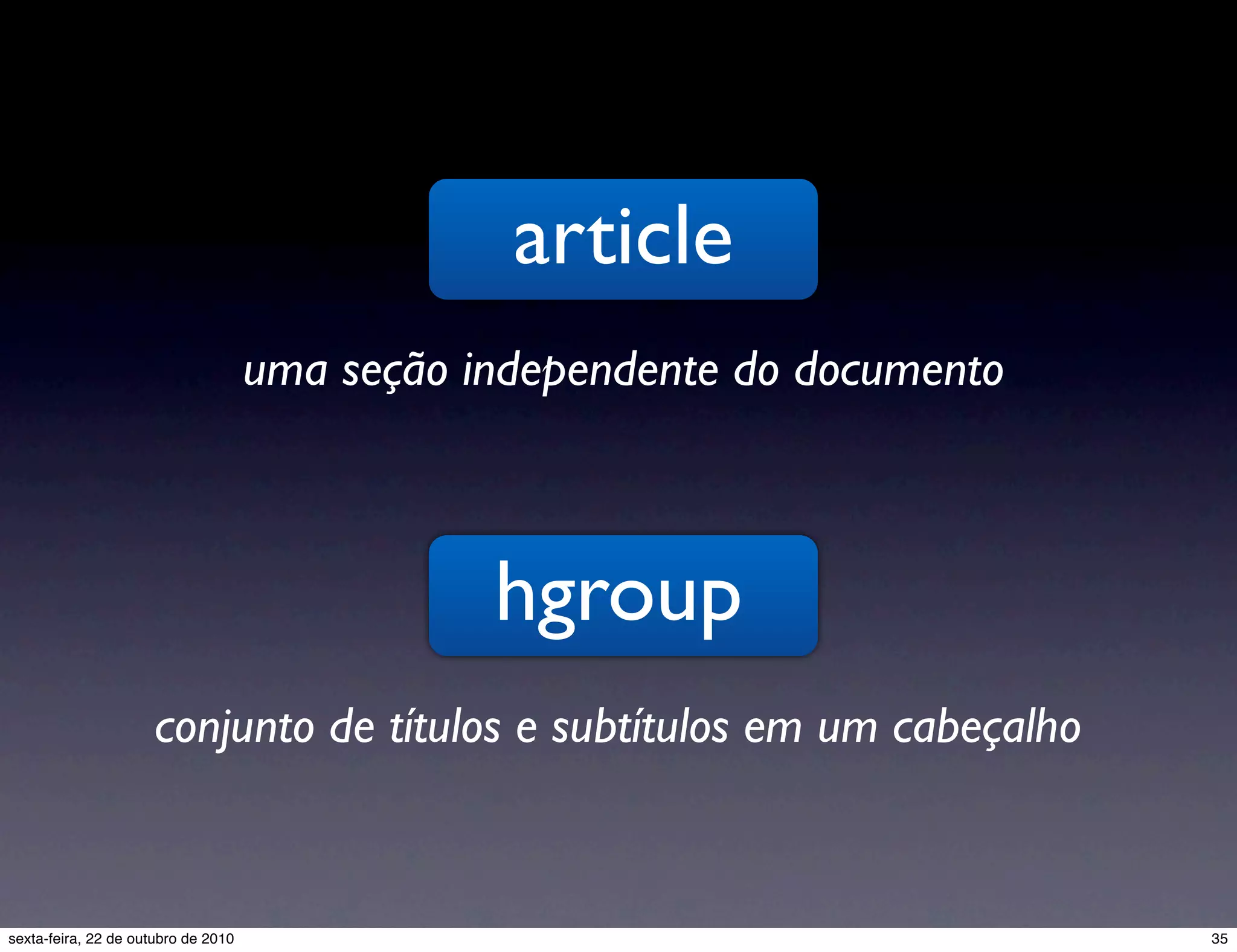 article uma seção independente do documento hgroup conjunto de títulos e subtítulos em um cabeçalho 35sexta-feira, 22 de outubro de 2010 
