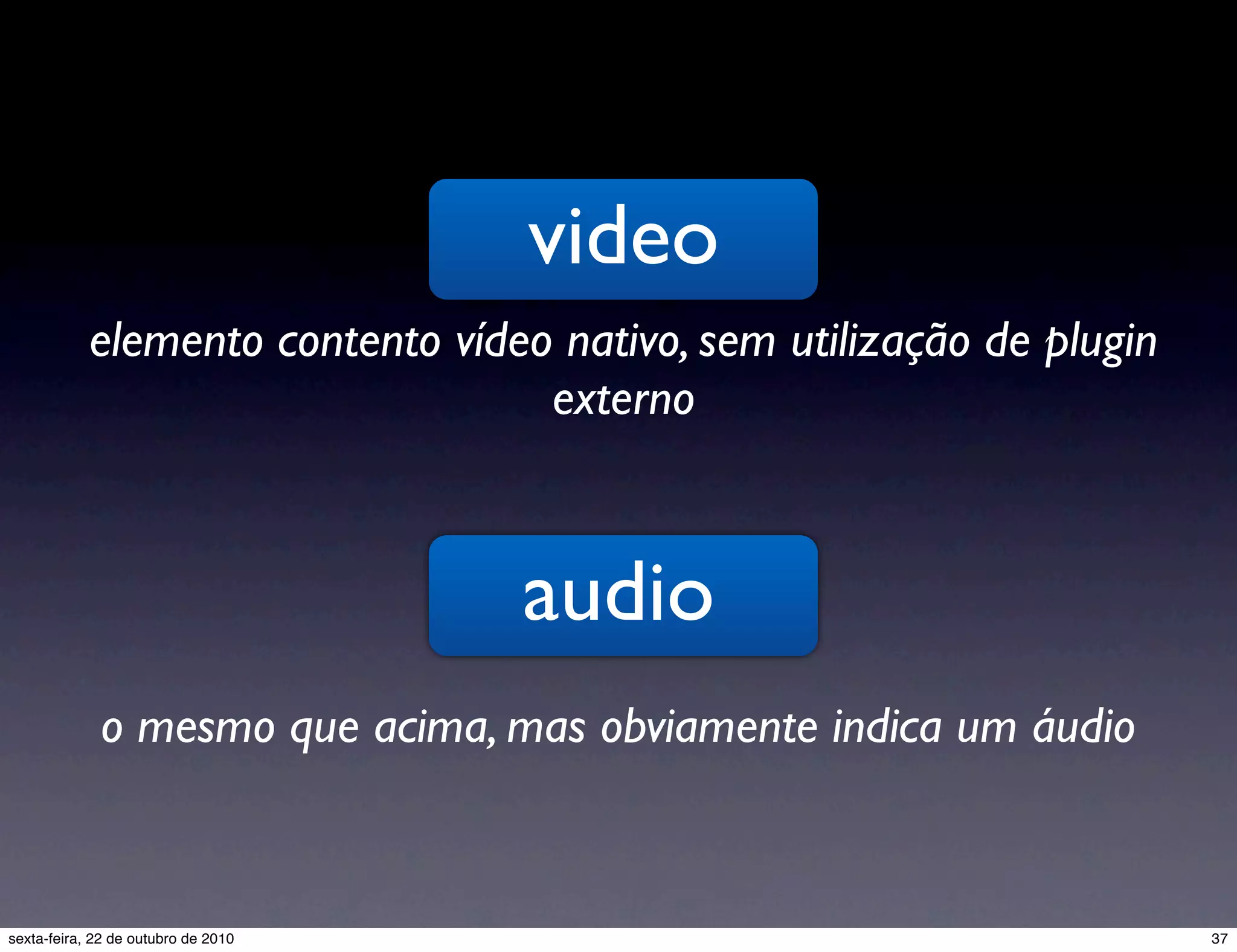 video elemento contento vídeo nativo, sem utilização de plugin externo audio o mesmo que acima, mas obviamente indica um áudio 37sexta-feira, 22 de outubro de 2010 