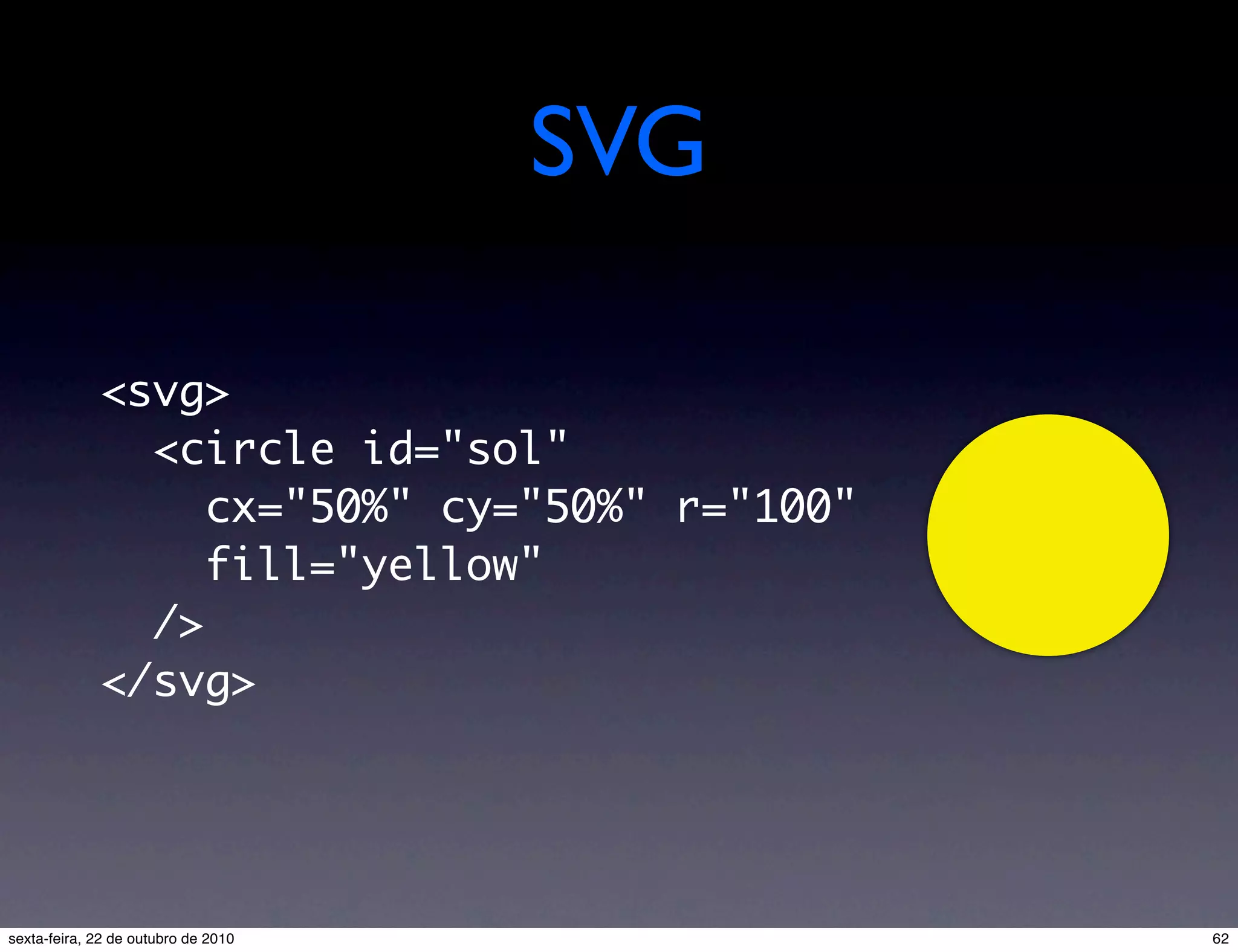 SVG <svg>   <circle id="sol" cx="50%" cy="50%" r="100"     fill="yellow"   /> </svg> 62sexta-feira, 22 de outubro de 2010 