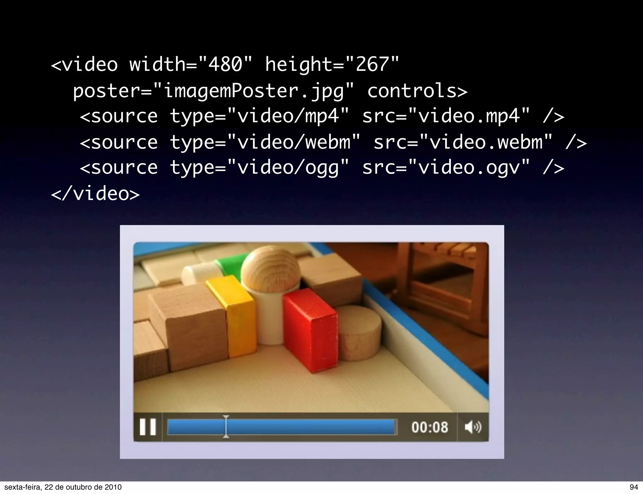 <video width="480" height="267" poster="imagemPoster.jpg" controls> <source type="video/mp4" src="video.mp4" /> <source type="video/webm" src="video.webm" /> <source type="video/ogg" src="video.ogv" /> </video> 94sexta-feira, 22 de outubro de 2010 