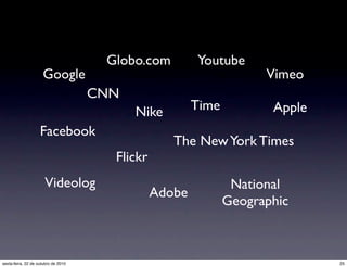 CNN
Flickr
The NewYork Times
Time
Vimeo
Apple
Google
Youtube
Nike
Globo.com
Facebook
Adobe
National
Geographic
Videolog
25sexta-feira, 22 de outubro de 2010
 
