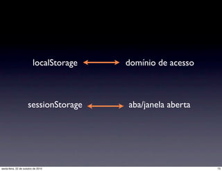 localStorage
sessionStorage
domínio de acesso
aba/janela aberta
73sexta-feira, 22 de outubro de 2010
 